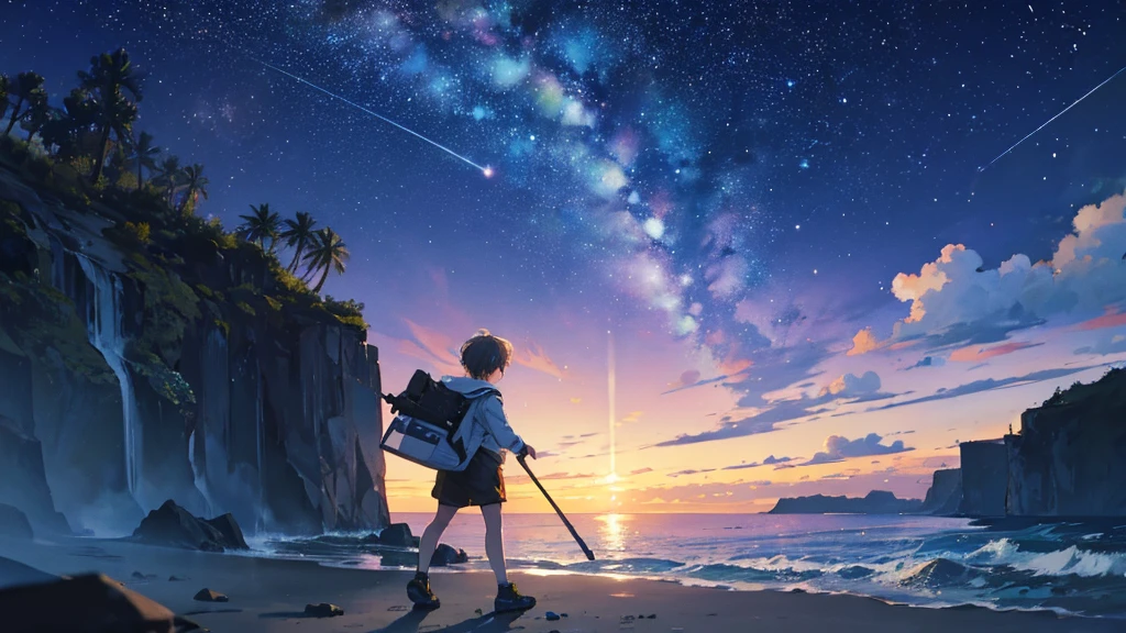 Starry Sky,shooting star,Ocean,Sandy Beach,The river flows into Ocean,Silhouette of a boy,My hands are down and I'm not holding anything