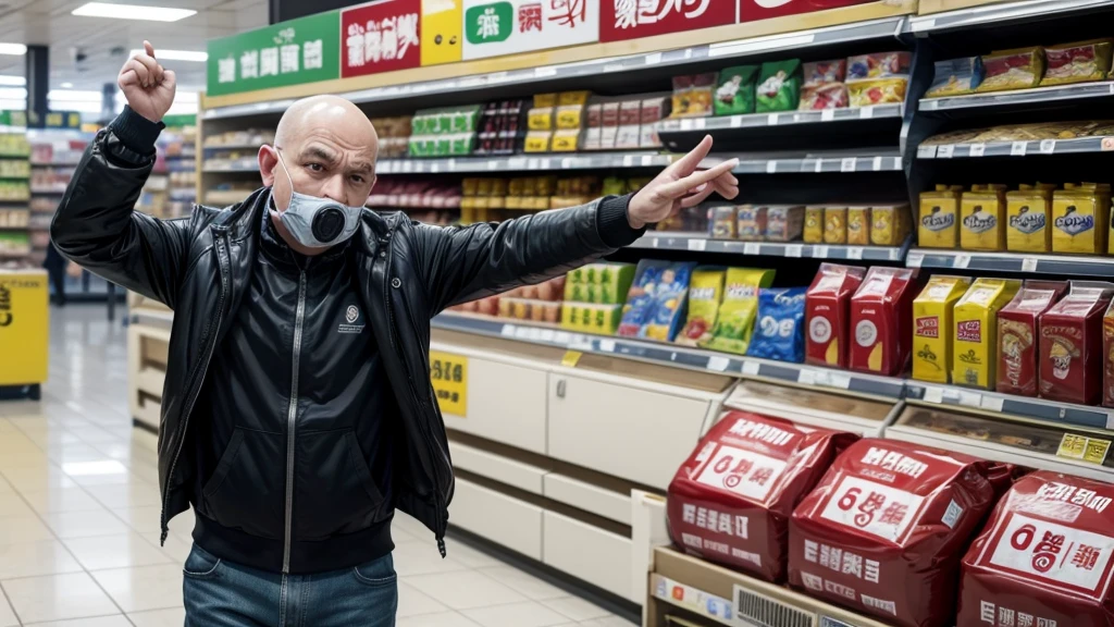 supermarket in robbery warning siren, with man throwing products on the floor in anger