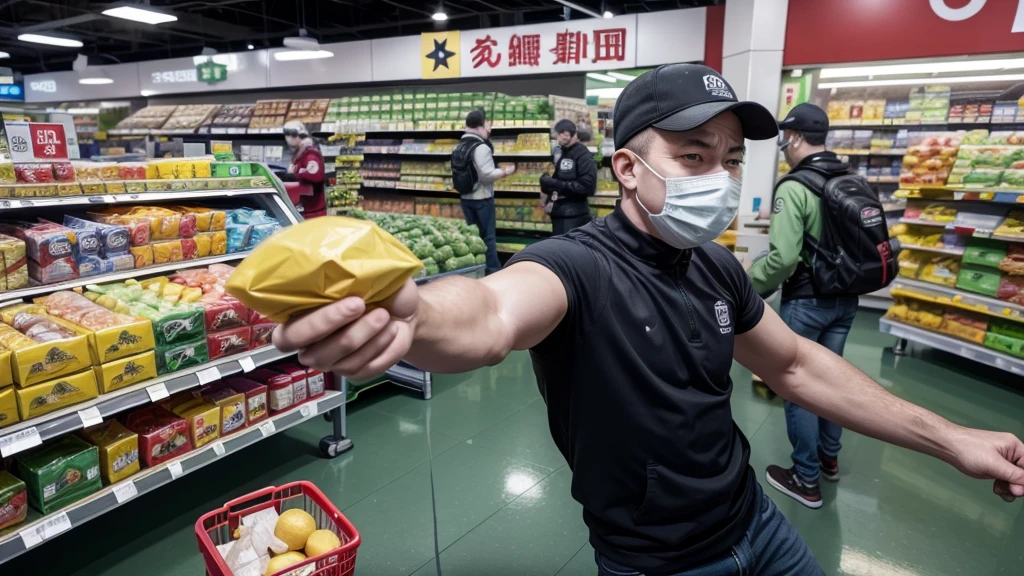 supermarket in robbery warning siren, with man throwing products on the floor in anger