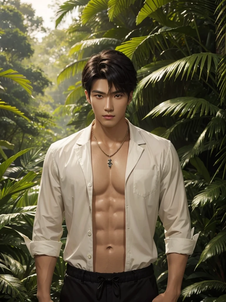 Handsome korean，tall and strong,perfect male figure, eyes looking at camera, ((tanned skin)),forest，feather hair accessories，black hair,serious expression,necklace,Ray tracing