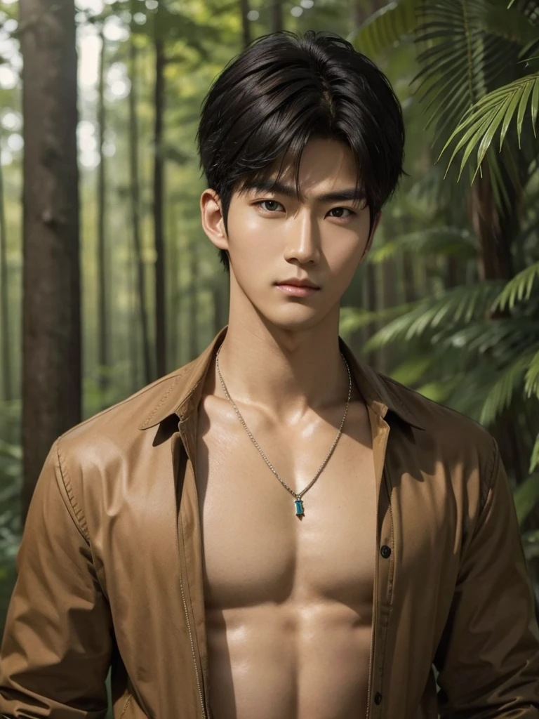 Handsome korean,tall and strong,perfect male figure, eyes looking at camera, ((tanned skin)),forest,feather hair accessories,black hair,serious expression,necklace,Ray tracing