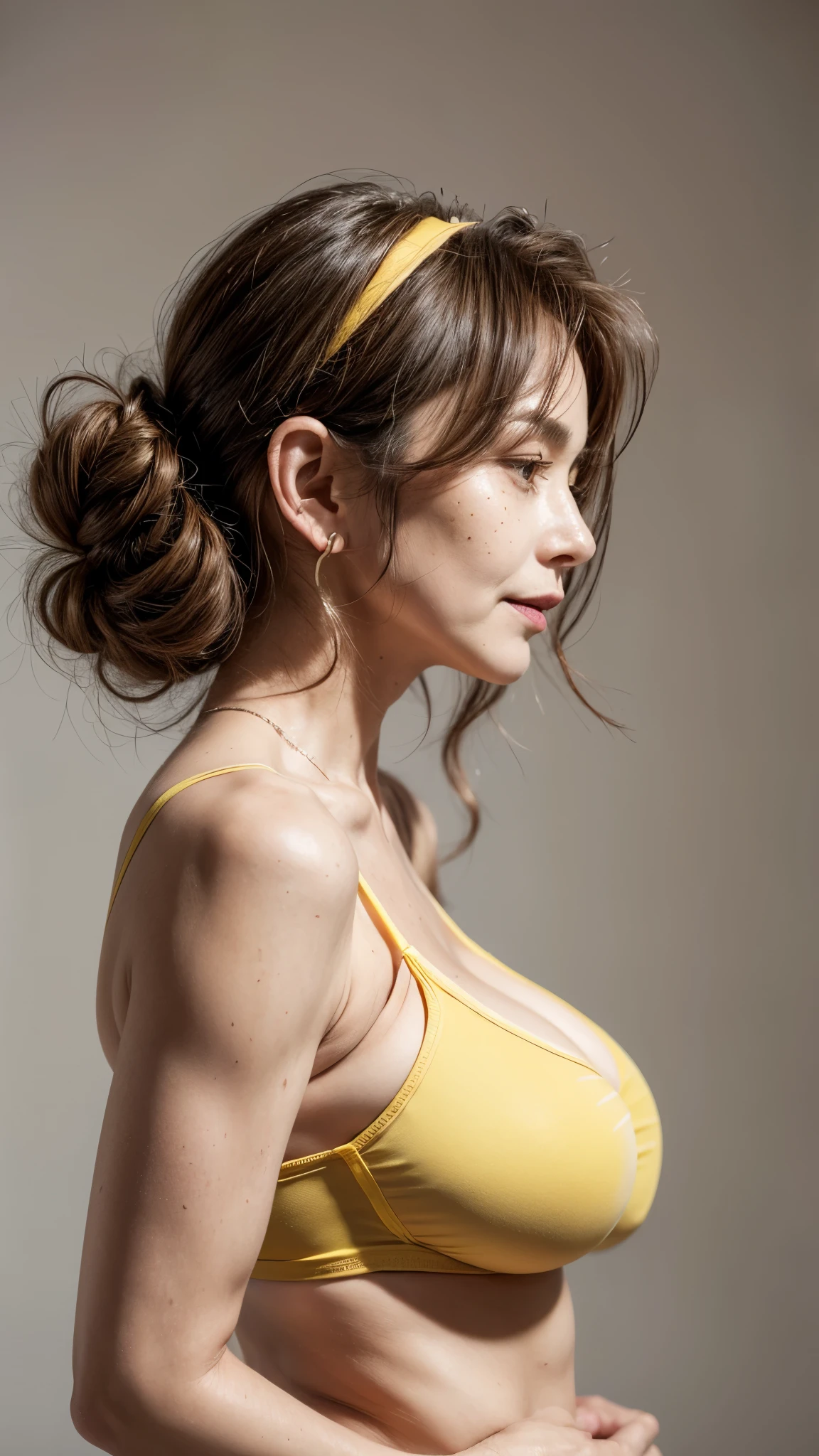 Side view, Mature skin, freckles, Beautiful elderly woman, cute,sexy,55 years old,,sexy, old woman,Big saggy  Breasts, skimpy halter yellow clothing, Side boob, Curly Hair bunches like a  girl, loop earrings, hair bunches, cute hair, rosey cheeks,  arms straight up, plain grey background