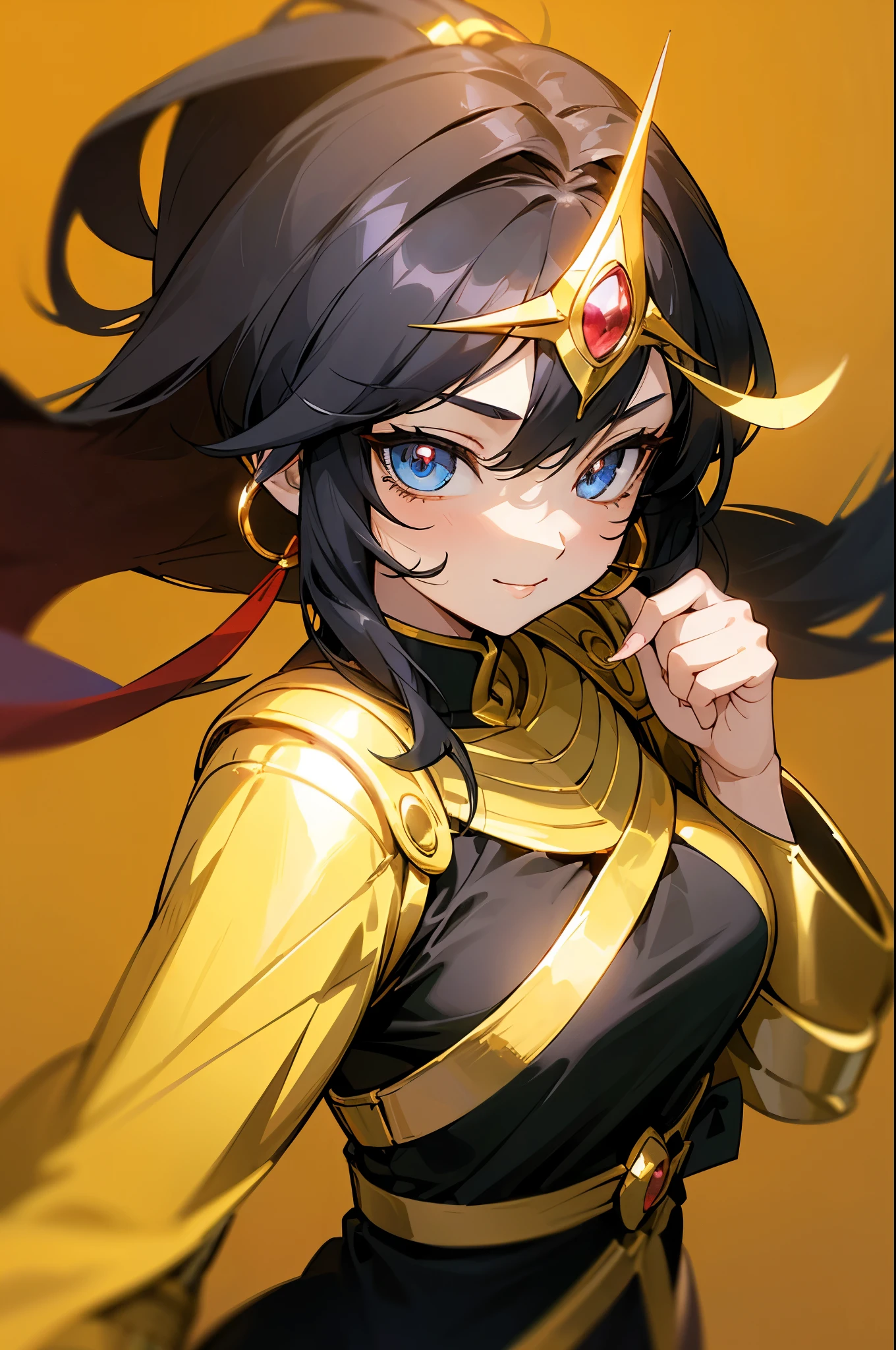 (high-quality, breathtaking),(expressive eyes, perfect face) portrait, 1girl, girl, solo, young adult, black hair, blue coloured eyes, stylised hair, gentle smile, medium length hair, loose hair, side bangs, curley hair, really spiky hair, spiked up hair, looking at viewer, portrait, ancient greek clothes, black long sleeved tunic gold trim around collar edges and down middle, greek, red and gold sash, simple background, slightly narrow eyes, baby face, , happy expression, clothes similar to Hypnos Saint Seiya, clothes similar to Alone Saint Seiya, C cup size breasts
