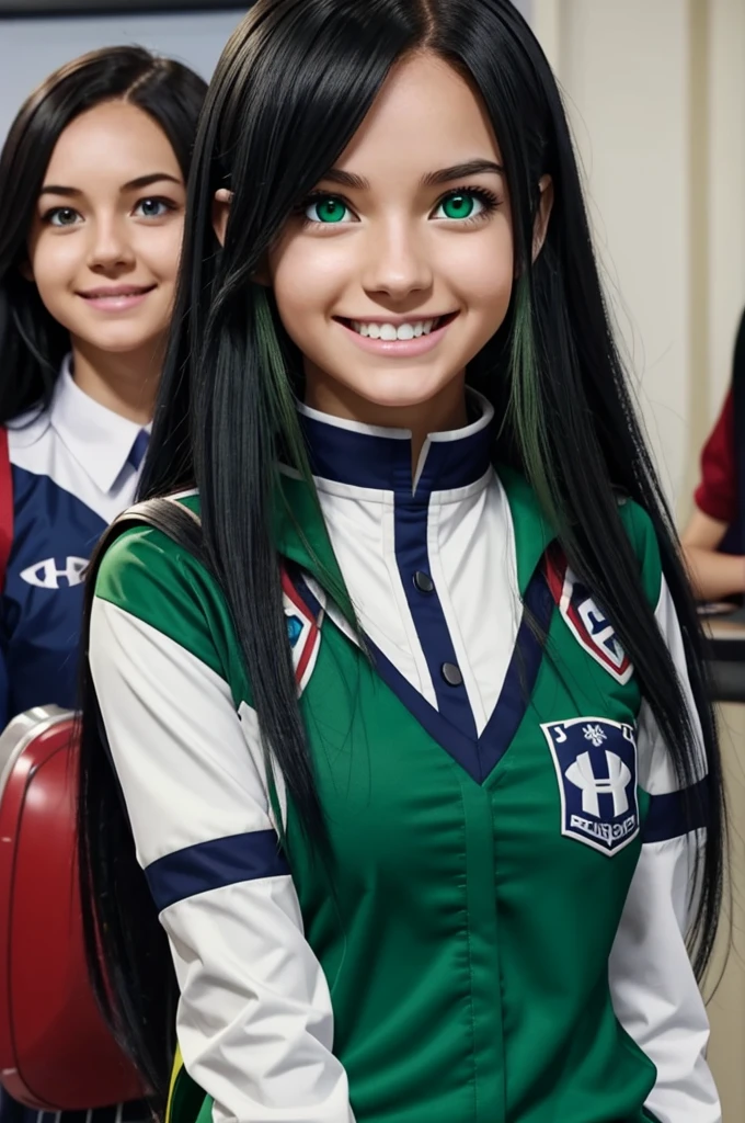 Screenshot of boku no hero academia .
Girl with long wavy green hair with heart-shaped bangs . Pink eyes with a happy expression . He is wearing the UA uniform . While walking through the halls of UA
