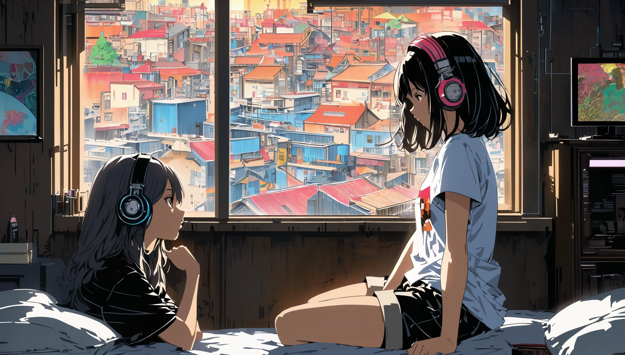 Super detailed:1.3, (Absurd, texture, masterpiece), pixiv Contest Winner, John Berkey, Dynamic cartoon style illustration,Oversized T-shirt、stand lighting、Colored pencil style、anime bedroom scene of 2 girls wearing headphones sitting on a bed playing a video game,Room with a window、High precision、detailed、８K,Dark aesthetic,Euphoric,Black shorts,Beautiful woman,Old alley background, Dozing off,Crayon colored Zentangle,overview,Anime key visual,japanese style,kyoto background