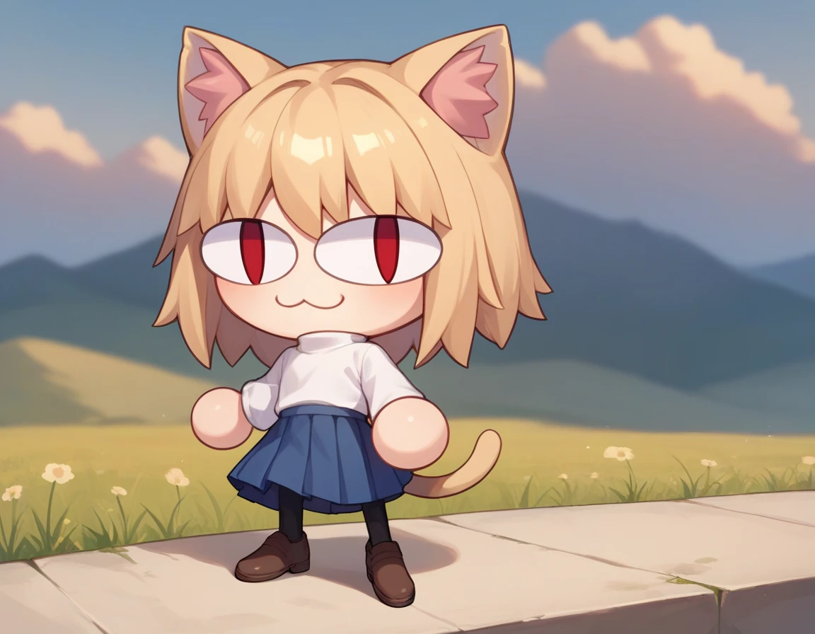 score_9, score_8_up, score_7_up, score_6_up, score_5_up, score_4_up, BREAK, 1boy, solo, necoarc, lit pupils, cat ears, blonde hair, red eyes, chibi, :3, turtleneck, blue skirt, pleated skirt, pantyhose, brown footwear, femboy, landscape 
