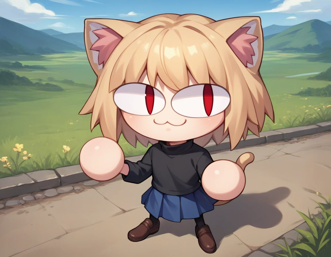 score_9, score_8_up, score_7_up, score_6_up, score_5_up, score_4_up, BREAK, 1boy, solo, necoarc, lit pupils, cat ears, blonde hair, red eyes, chibi, :3, turtleneck, blue skirt, pleated skirt, pantyhose, brown footwear, femboy, landscape 