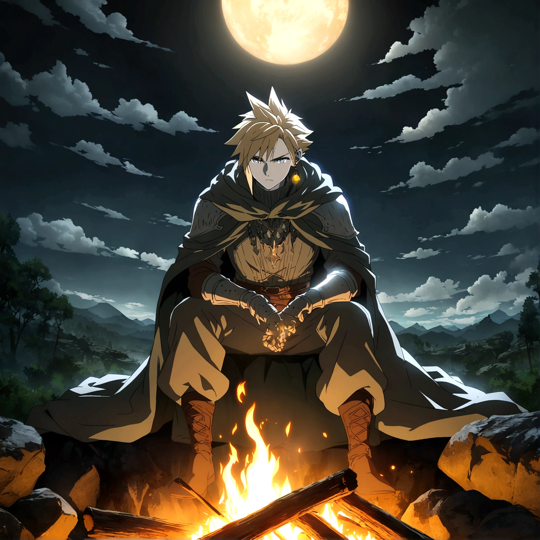 Man, gray skin, lean and defined body, Cloud Strife-inspired hair, gray eyes, sun earring, cloak with sun symbol, serious expression, focus on face, sitting looking at a campfire, "Dark Souls-inspired anime design, filled with dramatic and impressive lighting, infused with creative details, ultra-fine 2D design, scenery bathed in creativity, boasting 2D anime resolution clarity, HD anime graphics, high-octane rendering"