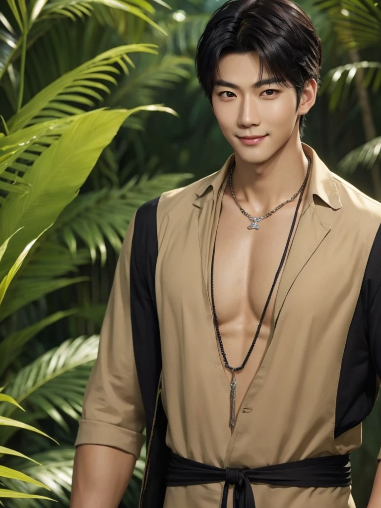Handsome korean,tall and strong,perfect male figure, eyes looking at camera, ((tanned skin)),forest,feather hair accessories,black hair,serious expression,necklace,Ray tracing, smiling