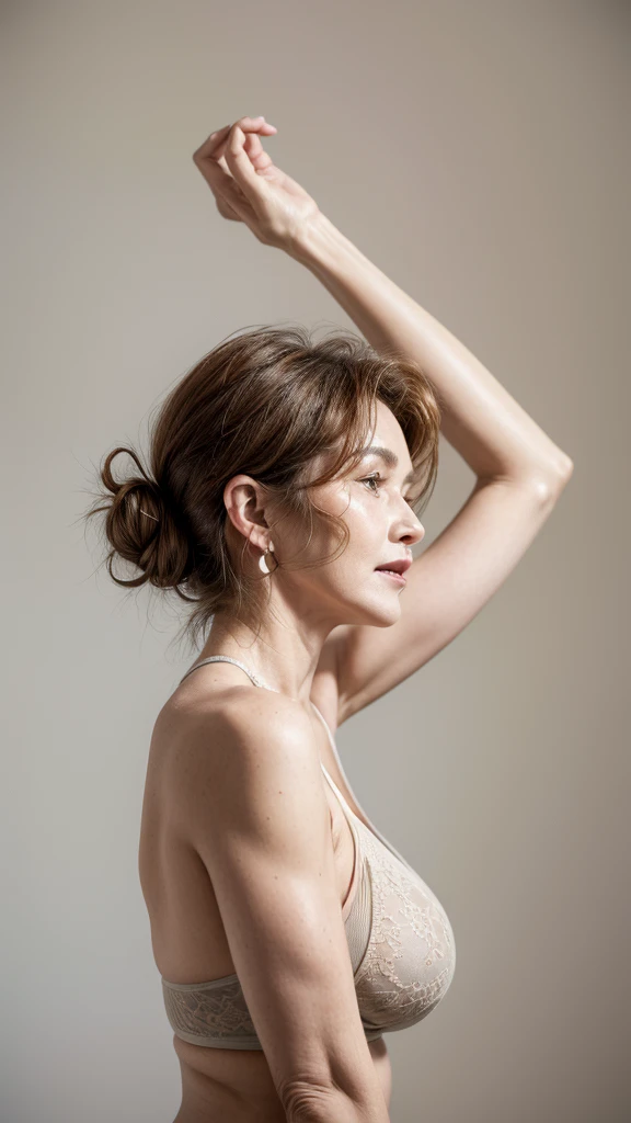 Side view, Mature skin, freckles, Beautiful elderly woman, cute,sexy,55 years old,,sexy, old woman,Big saggy  Breasts, skimpy halter yellow clothing, Side boob, Curly Hair bunches like a school girl, loop earrings, hair bunches, cute hair, rosey cheeks,  arms straight up, plain grey background