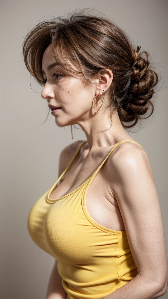 Side view, Mature skin, freckles, Beautiful elderly woman, cute,sexy,55 years old,,sexy, old woman,Big saggy  Breasts, skimpy halter yellow clothing, Side boob, Curly Hair bunches like a school girl, loop earrings, hair bunches, cute hair, rosey cheeks,  arms straight up, plain grey background