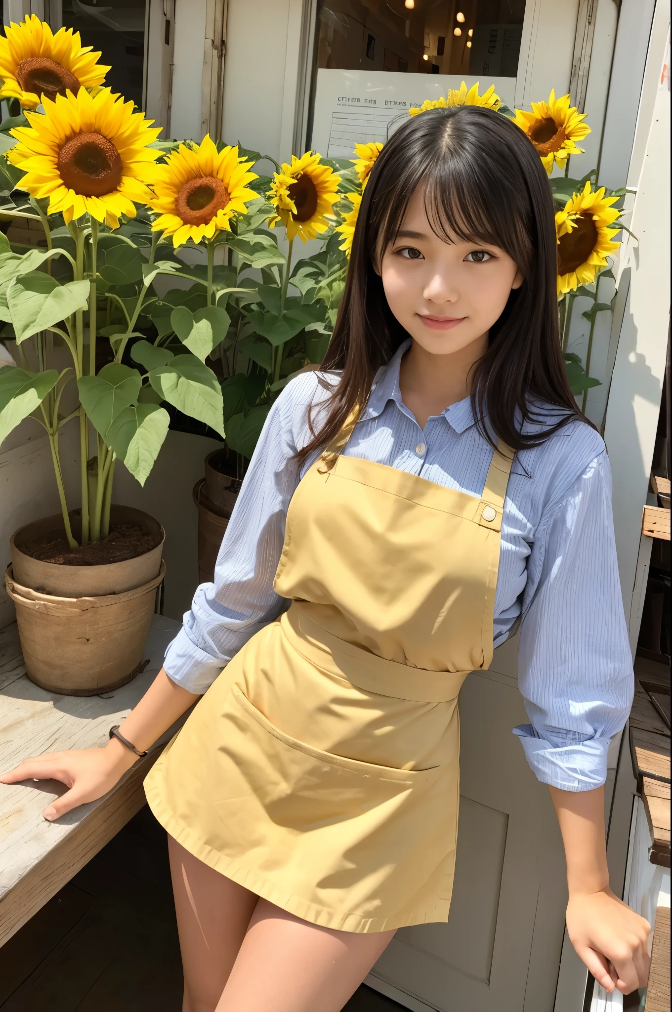 20 years old girl (Japanese cute face) is wearing very short mini skirt and apron and working at the coffee cafe with sunflowers
