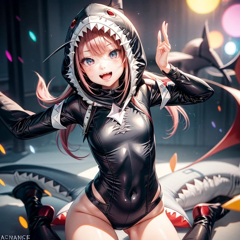 ((Skinny Shark BodySuit, (Stuffed shark head hood)with White Teeth) Fin), 8k, High-level, absurd, masterpiece, best quality, primitive, very detailed CG, very detailed wallpaper, perfect lighting, Extremely detailed ((( personifying " Shark" as a ))), MysticSight, Tyndall effect, Tyndall scattering, (Studio gray background with (Overflowing oodles Dazzling RainbowColorParticles (BokeH))), (Blood Red short hair, RoundlyButts, Leg Fins installed), (Exposed:0.4), (Assfocus with looking ahead) BREAK (Acutance:0.88), (NOGIZAKA face variations) Extremely Detailed very KAWAII face variations, perfect anatomy, Childish, CaptivatingGaze ElaboratePupils detailed Eyes with (sparkling highlights:1.28), (Voluminous LongEyelashes:0.88)、GlossyRED Lips with beautiful details, RosyCheeks, Radiant PearlSkin with Transparency . { (Dynamic LifeLike expressions:1.4) | (:d) }, (large eyes:-1) . ((animal ears:-1.2))