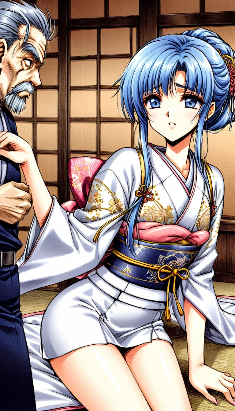 8K　Historical drama style　Beautiful Japanese princess from the Warring States period with short blue hair　Gorgeous embroidery, Ultra glossy, She is wearing a shiny Heian period princess kimono.　She exposes her nipples and squeezes out breast milk on the futon