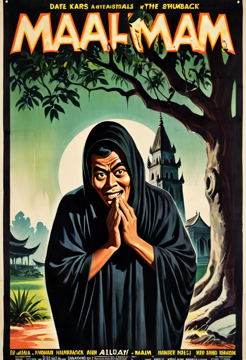 vintage film poster illustration. A vintage movie poster of horror film in 1960's style, title "MALAM" . featuring retro style with a black border around all edges. There is an Malay Man creepy, eerie, ugly face of Malay man, long hand, hunchback wearing a black long cloth, standing under a big tree and hold a white stone. hyper realistic