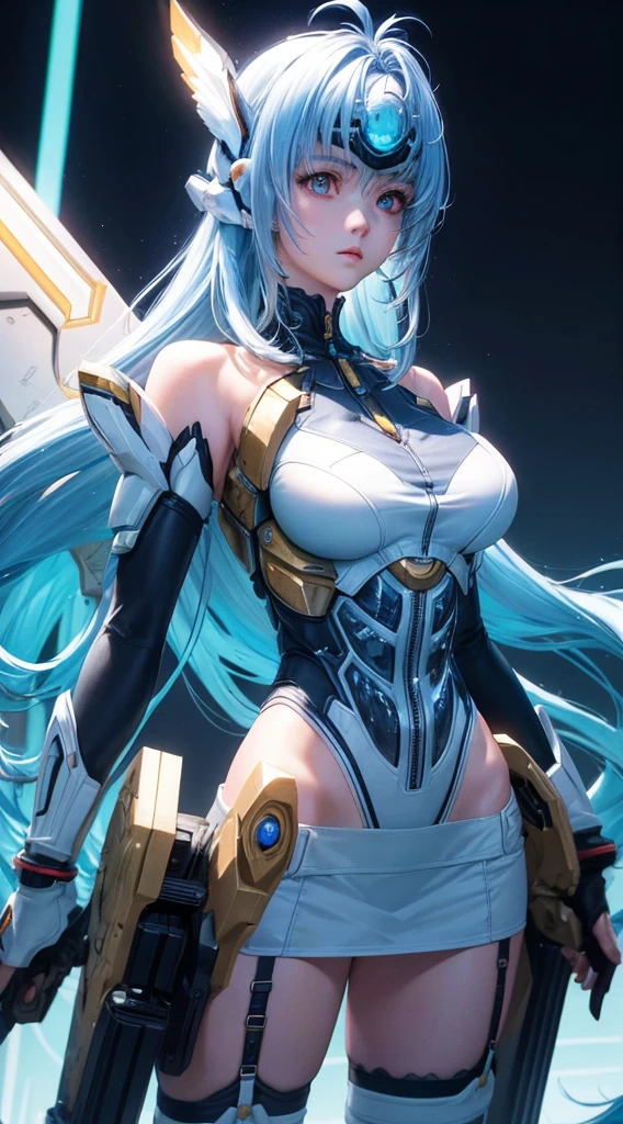 top-quality、masterpiece、超A high resolution、(Photorealsitic:1.4)、女の子1人、Light blue hair、Straight hair, shiny and clean hair、White shiny skin、Sexy Cyberpunk Girl、((super realistic details))、Shadow、octan render、ultrasharp、hyperdetailed face、Fiberglass、Luminous tube、highly intricate detail、Realistic light、CGSoation Trends、((Golden Eyes))、(Facing the camera)、neon detailechanical limbechanical vertebrae attached to the back、mechanical cervical attaching to neck、Wires and cables connecting to the head、((valkyrie))、((Beam Cannon))、Combat stance