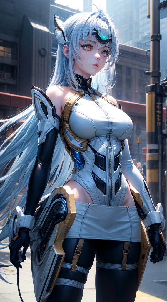 top-quality、​masterpiece、超A high resolution、(Photorealsitic:1.4)、女の子1人、Light blue hair、Straight hair, shiny and clean hair、White shiny skin、Sexy Cyberpunk Girl、((super realistic details))、Shadow、octan render、ultrasharp、hyperdetailed face、Fiberglass、Luminous tube、highly intricate detail、Realistic light、CGSoation Trends、((Golden Eyes))、(Facing the camera)、neon detailechanical limbechanical vertebrae attached to the back、mechanical cervical attaching to neck、Wires and cables connecting to the head、((valkyrie))、((Beam Cannon))、Combat stance