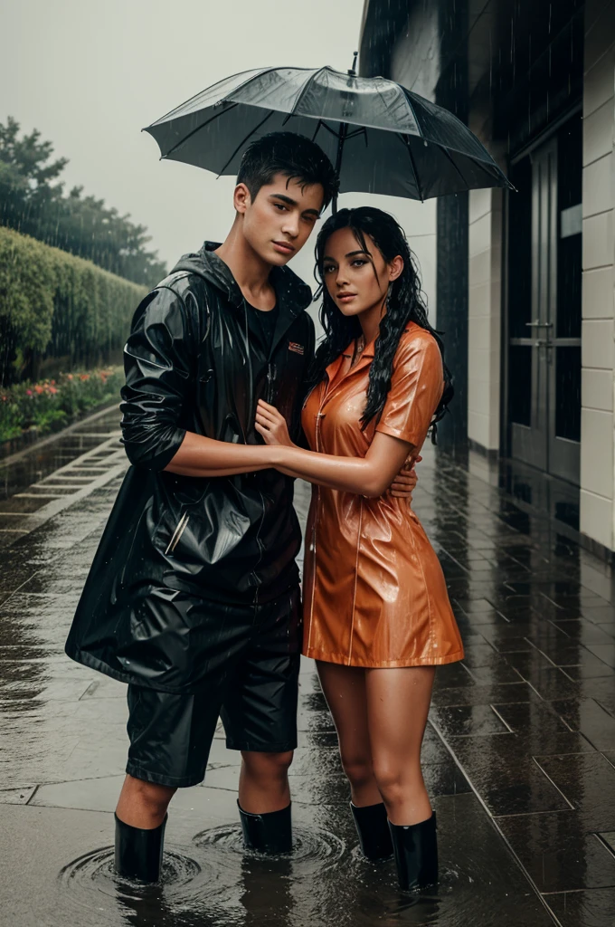 boy and girl getting wet in the rain