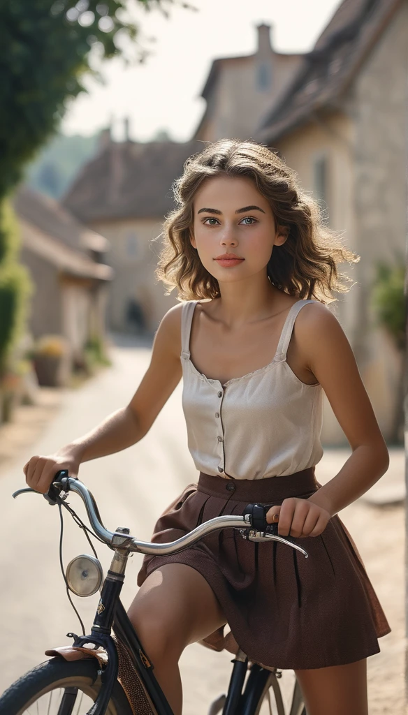 Surrealism:1.5, Bokeh, young woman aesthetic, bicycle riding, French village with farms, High-quality DSLR snapshots, High-definition film grain photo taken at f/16, ISO 100, With 200mm lens, Global Illumination, Fibonacci