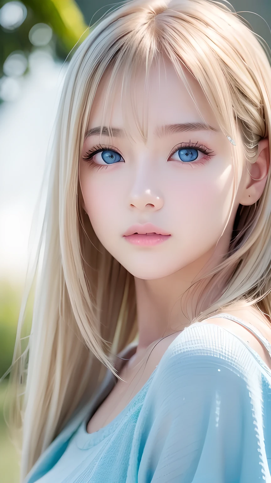 Dressed、(Photorealistic:1.4)、(ハイパーRealistic:1.4)、(Realistic:1.3)、(Smooth lighting:1.05)、(Improved cinematic lighting quality:0.9)、32k、1 Girl、Very cute expression、A beautiful 16 year old blonde girl、bangs that fall on the face、Bangs left over the eyeessy bangs between the eyes、Realistic top lighting、Backlight、Face Light、Super long silky platinum hair、Blonde rays、(Bright light:1.2)、(quality improvement:1.4)、(Highest quality realistic textured skin:1.4)、Very beautiful, detailed, shiny, very bright, mint blue, large eyes、Very big eyes、Detailed face、A careful eye for quality、(Tired, sleepy and satisfied: 0.0)、Face close up、T-Shirts、(Enhances the body line:1.1)、(Enhances the beauty of skin texture:1.1)、Cheek gloss highlighter、Small Face Beauty、Round face