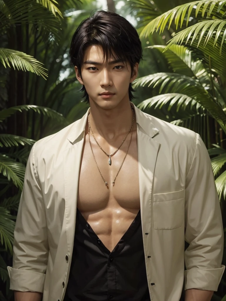 Handsome korean,tall and strong,perfect male figure, eyes looking at camera, ((tanned skin)),forest,feather hair accessories,black hair,serious expression,necklace,Ray tracing
