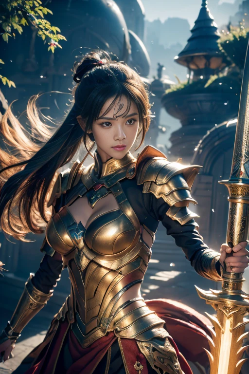 representative of justice with scales in one hand and a sword in the other . young lady knight, representative of justice with scales in one hand and a sword in the other . powerful aura, unleashing a slash, dynamic pose, glowing energy, intense expression, detailed armor, fantasy setting, battle scene, vibrant colors, magic, flowing hair, epic, fierce, shining sword, action, dramatic lighting, high contrast, sparks, mystical, warrior, heroic, ethereal, enchanted, strong, determined, anime style, intricate design, motion blur, radiant, fierce battle, medieval fantasy, power, dramatic, swirling energy