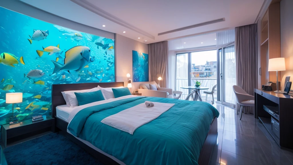 8k、room、bed、Like a luxury hotel、Open World,seabed,amazing colors,Draw the underwater world,Fluctuations in fresh water,Fluctuating bubbles in water,Very wide angle shot,Fantastic artistic expression, Curved、Large windows、Sense of presence、Fish that look like they're about to jump out、Frameless windows booklet、The building is made of glass、白いroom、Sensation in the sea、Moody lighting、広いbed、Sense of luxury