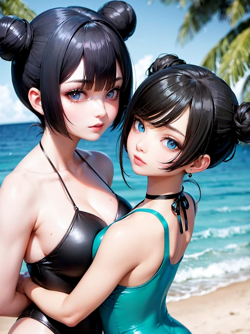 Bun black short hair、Let it shine, Beautiful pale blue odd eyes、Big double eyelid eyes、round face、eyeliner、Snow-white skin、shiny skin with shiny cheeks、Green swimsuit、back、Back view
