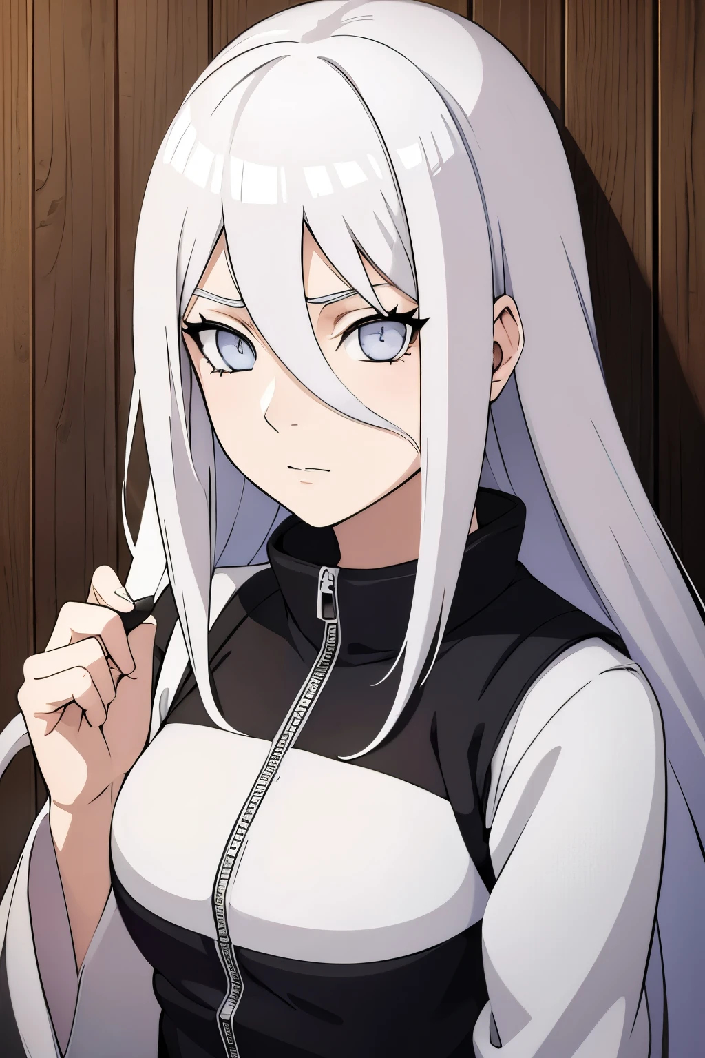 (high-quality, breathtaking),(expressive eyes, perfect face) portrait, Symmetrical Eyes, 1girl, female, solo, teenager, white hair, white coloured eyes, byakugan, naruto art style, long hair, fluffy hair, feminine face, grey background, wooden floorboard, stone wall background, detailed eyes, hyuga, Ōtsutsuki,
