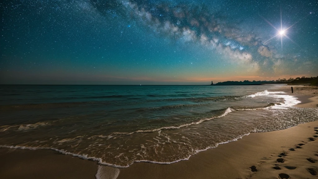Starry Sky,shooting star,Ocean,Sandy Beach,The river flows into Ocean