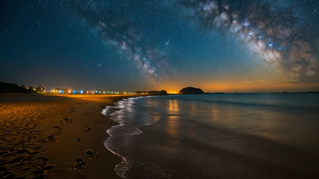 Starry Sky，shooting star，Ocean，Sandy Beach，The river flows into Ocean