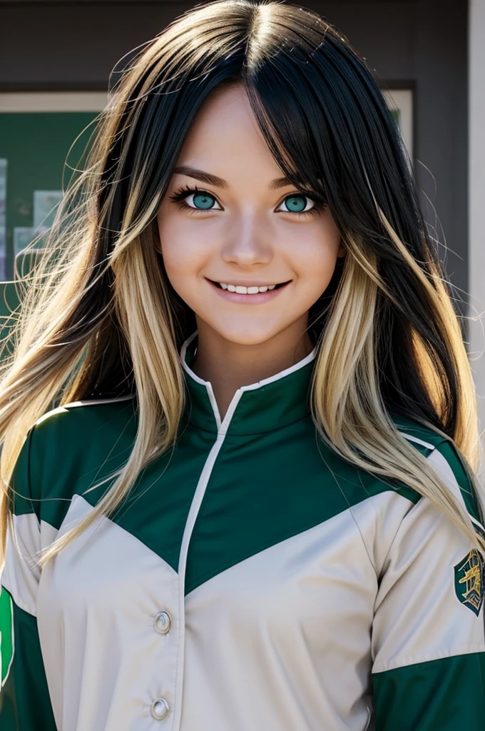 Screenshot of my hero academia girl with long black hair with blonde locks and phosphorescent green eyes has a cheerful expression. He is wearing the UA uniform and in the background he has a UA school class