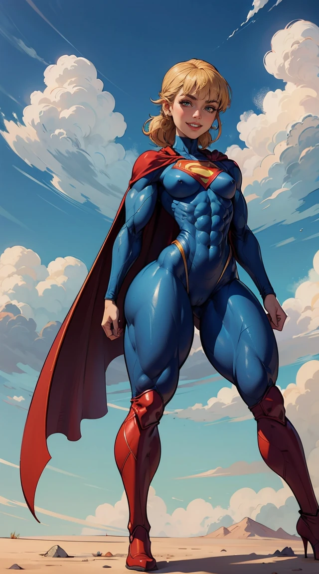 (Muscular:2), (thick thighs:2),
blonde female, (supergirl), (big smile:1.7), (blunt bangs), (ponytail:0.9),
earrings, lipstick, eyeshadow,
hard nipples, (small breasts:2),
(full body suit, blue bodysuit:1.7), (small cape:1.5), (choker:1.2),
looking at viewer, (turned around, from behind:1.7), (upper body view:2.1),
(sky and clouds background:1.3), rim lighting, two tone lighting, dim lighting, bokeh, detailed skin, detailed eyes