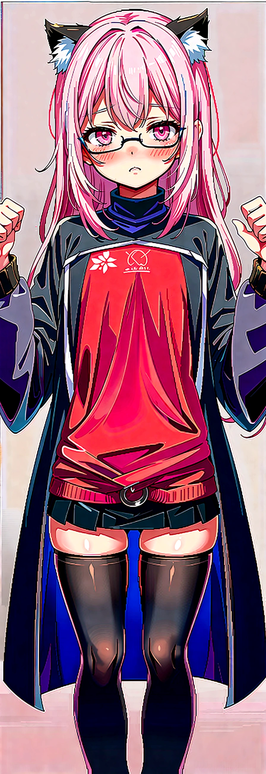 pink hair black glasses pink eyes extremely blushing a large pink sweater short black skirt at the waist chains black stockings that she is a reserved girl her bed that you are throwing your arms as if she wanted a hug