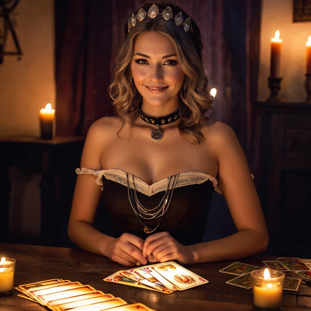 Superior quality, Masterpiece, Hi-Nothing, 1 topless woman, 35 years old, Norwegian, western style fortune teller costume, hair ornament, collar, jewelry, beautiful face, calm smile, upon_body, Tyndall effect, photorealistic, divination room, Candles on the table, Tarot cards, edge lighting, Two tone lighting, (High definition skin:1.2), 8k hd, DSLR, soft lighting, high quality, volumetric lighting, sincere, Photography, high resolution, 4k, 8k, bokeh