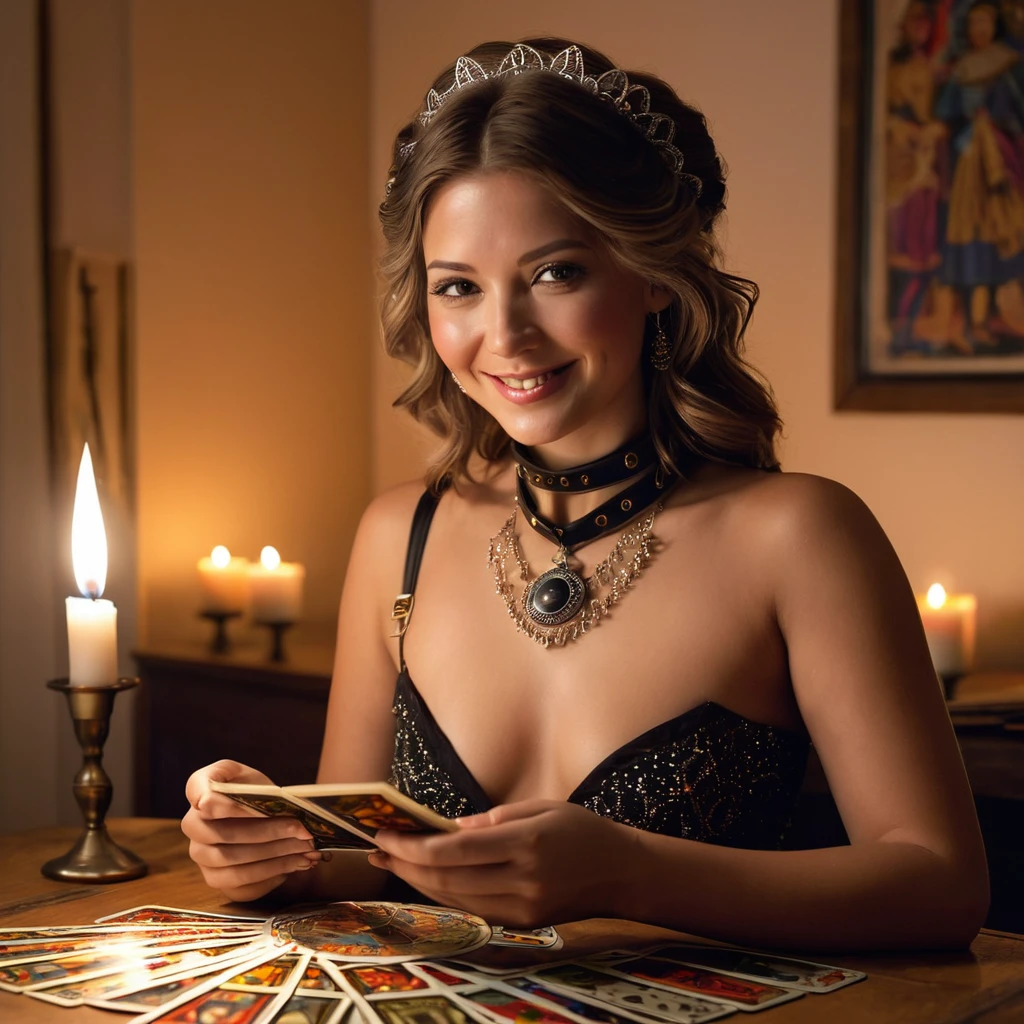 Superior quality, Masterpiece, Hi-Nothing, 1 topless woman, 35 years old, Norwegian, western style fortune teller costume, hair ornament, collar, jewelry, beautiful face, calm smile, upon_body, Tyndall effect, photorealistic, divination room, Candles on the table, Tarot cards, edge lighting, Two tone lighting, (High definition skin:1.2), 8k hd, DSLR, soft lighting, high quality, volumetric lighting, sincere, Photography, high resolution, 4k, 8k, bokeh