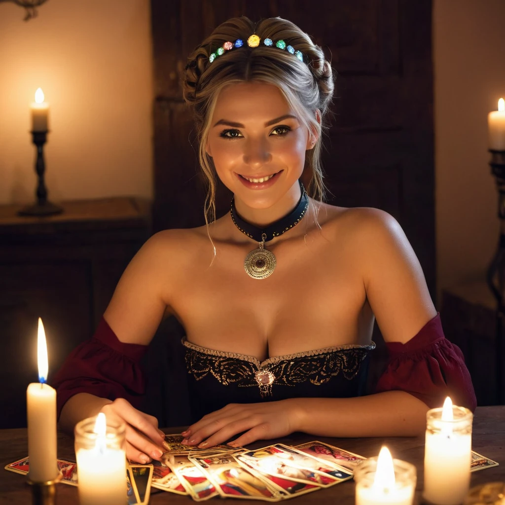 Superior quality, Masterpiece, Hi-Nothing, 1 topless woman, 35 years old, Norwegian, western style fortune teller costume, hair ornament, collar, jewelry, beautiful face, calm smile, upon_body, Tyndall effect, photorealistic, divination room, Candles on the table, Tarot cards, edge lighting, Two tone lighting, (High definition skin:1.2), 8k hd, DSLR, soft lighting, high quality, volumetric lighting, sincere, Photography, high resolution, 4k, 8k, bokeh