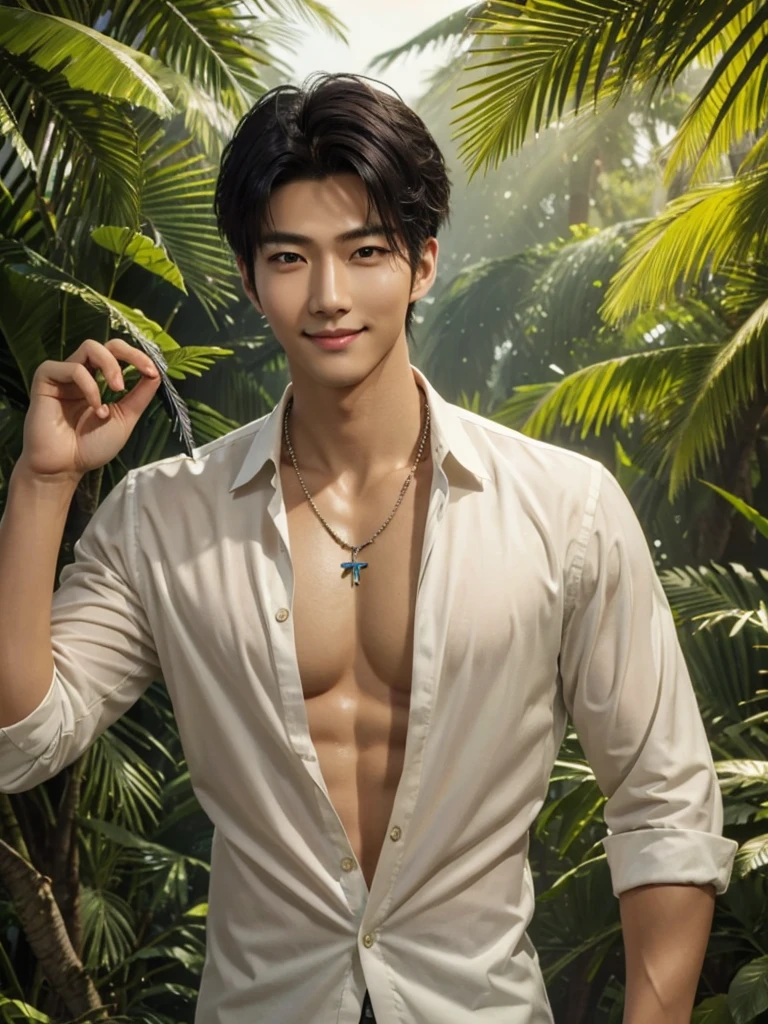 Handsome korean，tall and strong,perfect male figure, eyes looking at camera, ((tanned skin)),forest，feather hair accessories，black hair,serious expression,necklace,Ray tracing, smiling 