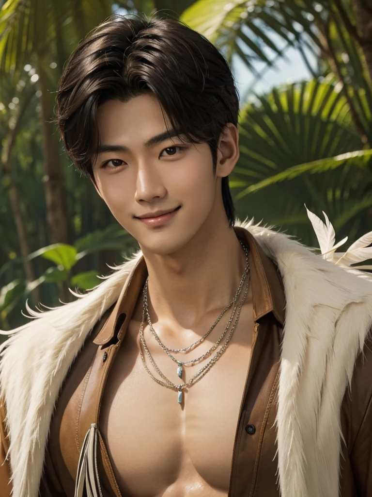 Handsome korean,tall and strong,perfect male figure, eyes looking at camera, ((tanned skin)),forest,feather hair accessories,black hair,serious expression,necklace,Ray tracing, smiling