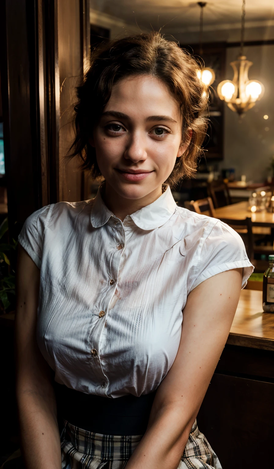 (8k, RAW photo, best quality, masterpiece:1.2), (realistic, photo-realistic:1.37), ultra-detailed,
1 girl,cute, solo, emmy rossum, beautiful detailed sky,detailed cafe,night,sitting,dating,(nose blush),(smile:1.1),(closed mouth),large breasts, seductive smile, large aparture, professional lighting, Sony A7R4, Zessie 50mm F1.8,
medium breasts,beautiful detailed eyes,(collared shirt:1.1), bowtie,pleated skirt,(short hair:1.2),floating hair 