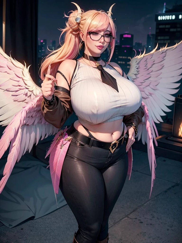 realisticlying,22yo girl,Blonde short、big body, sexy lingerie lace black ,perfect eyes, hair bunches、very very long hair, ultradetailed hair, body nylon sexy, Breasts enlarged、 big body, blonde, woman 1.90 CM,ponytail, ((hair over eyes)),perfect mouth, massive big bounce oppai, WET SKIN, (masterpiece, best quality:1.2), 1girl, solo, city background, haze \(fortnite\), Harpy Haze From fortnite, 1girl, earrings, glasses, hat, jewelry, lips, long hair, looking at viewer, makeup, nail polish, pink eyes, pink hair, pink nails, smile, sunglasses, tinted eyewear, belt, black pants, crop top, eyeshadow, midriff, navel, pants, choker, fingernails, round eyewear, sharp fingernails, standing, black feathers, black headwear, hoop earrings, horned headwear, horns, denim, winged arms, feather trim, star \(symbol\), elbow gloves, dark pink lips, feathers, heels, shoes, angel wings, bangle, black wings, crop top overhang, feathered wings, harpy, low wings, multicolored hair, multicolored wings, pink wings, wings, fingerless gloves, shirt, long fingernails, boater hat, bootcut pants, leather pants, sleeves, black sleeves,massive big bounce oppai,massive big bounce oppai,massive big bounce oppai,