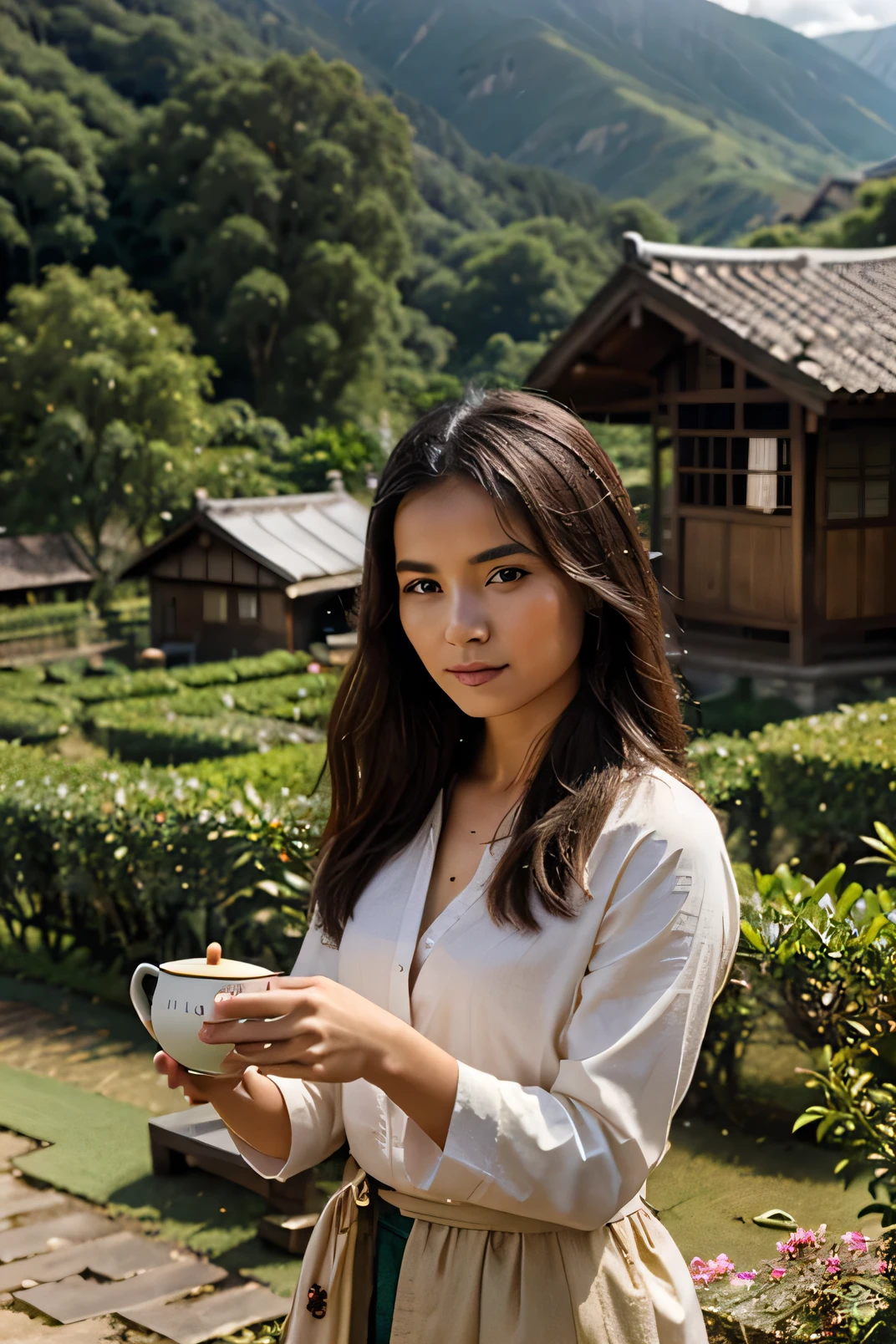 a beautiful village girl from a tea garden, realistically, set in the mountains