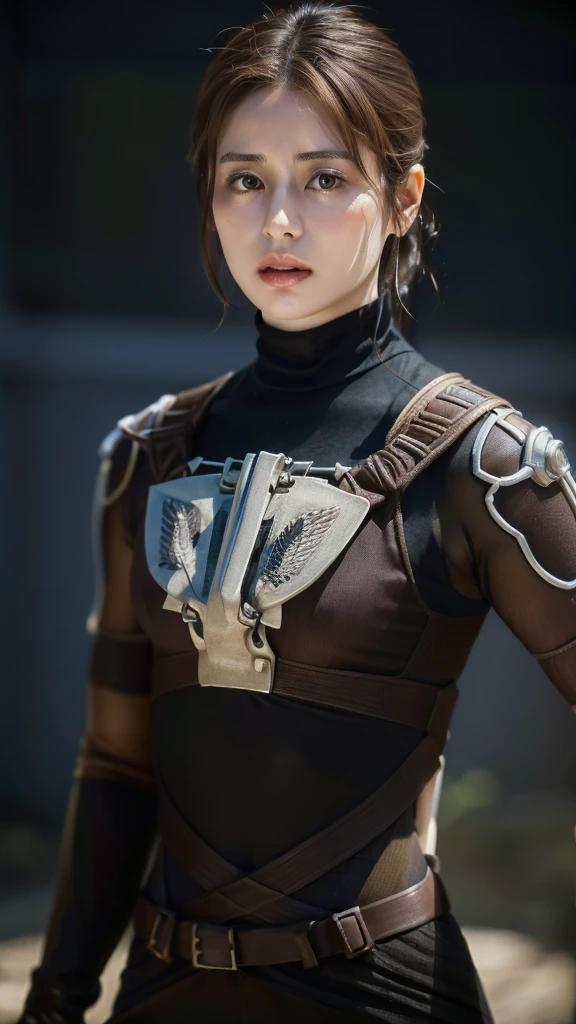 Women from Edwardian age,make hair brown, eyes color Havel Skin pale 
, Survey Corps bodysuit ,1926 years,dark night,liberio background attack on titan 