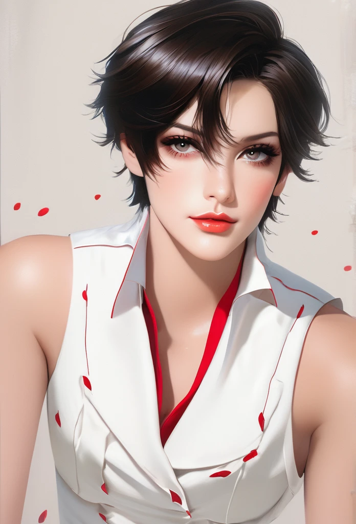   , dark short hair with red details , dark shaped eyes , wearing a white formal vest with red details , White background