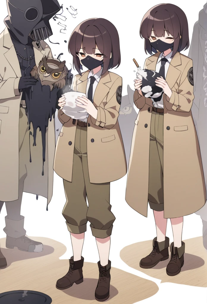 A demi-human man with owl ears and a white plague doctor mask, brown hair and slim build, He wears khaki cargo pants and a brown trench coat with brown boots and a viscous match-like substance flows from his hands.. 
