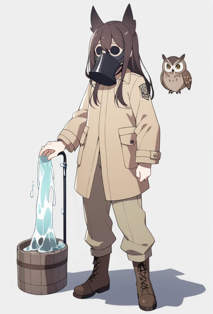 A demi-human man with owl ears and a white plague doctor mask, brown hair and slim build, He wears khaki cargo pants and a brown trench coat with brown boots and a viscous match-like substance flows from his hands.. 
