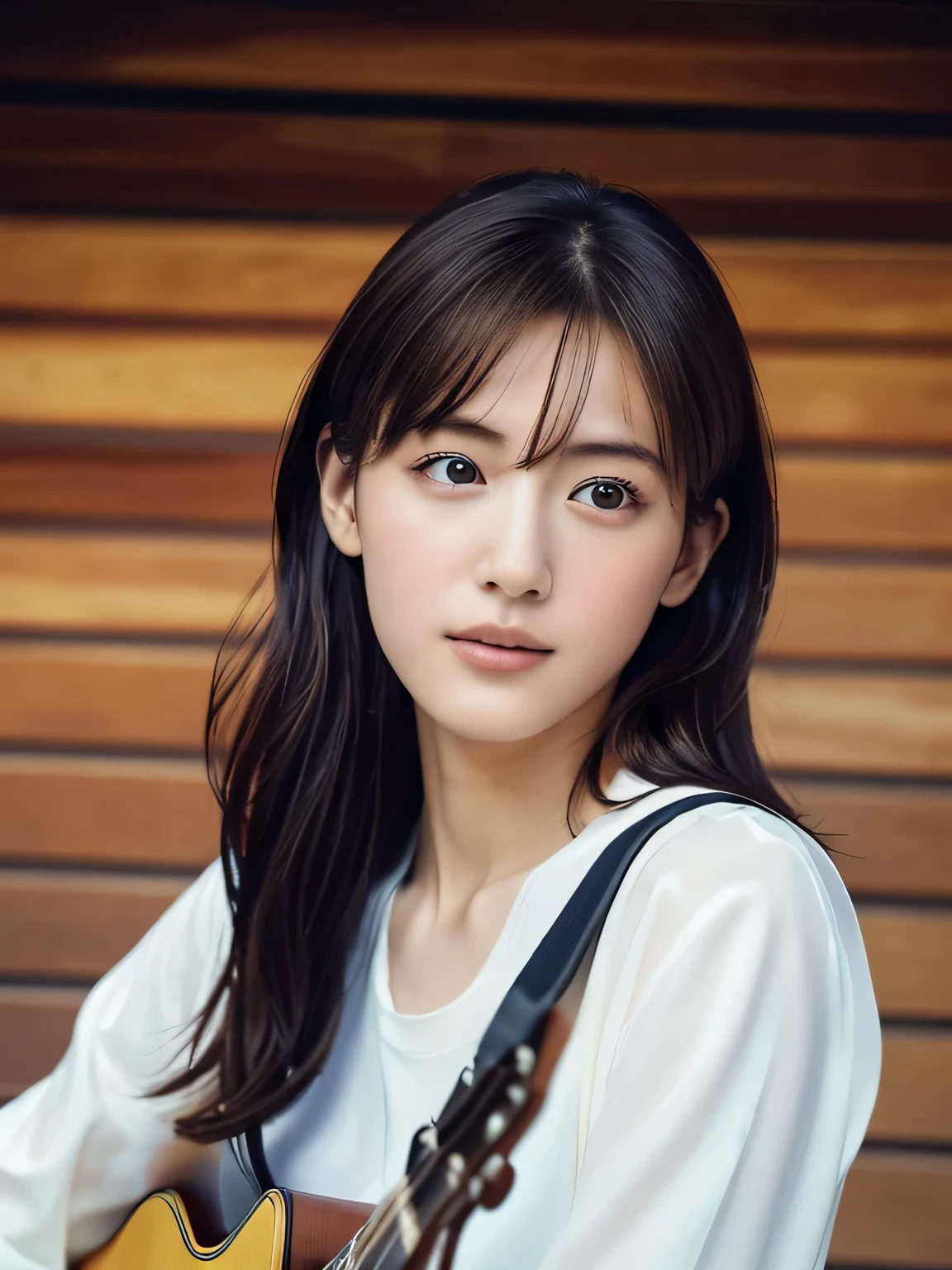 ((masterpiece, Highest quality, High resolution)), (Playing Acoustic Guitar:1.5), 1 beautiful girl, (Realistic: 1.4), Symmetrical eyes, Great face, , Medium Hair, (Beautiful Hair:1.5), (Open your mouth:1.3), (Nothing steppe:1.5), The background is blue sky, Light of the sun, (Angle from below:1.3), Smooth, Highly detailed CG composite 8K wallpaper, High resolution RAW color photos, Professional photography, Light, BackLight, dream-like, impressive, Written boundary depth