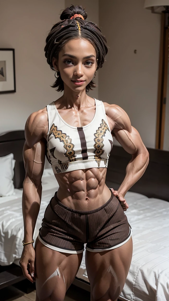 (Muscular:2), (wide hips:2.5), (african female, dark brown skin:2.5), (brown eyes, frizzy hair, afro), (25 years old), earrings, eyeshadow, lipstick, bokeh, (nose freckles:1.5), (upper body view, visible head:2), (striations), (long hard nipples, pokies:1.5), (large perky breasts:2), (cropped tanktop, pajama shorts, striped pattern:2), (sculpted muscles:1.7), (athletic body:1.5), (muscular body:2), (looking at viewer), (from front), (sensual smile:1.3), detailed eyes, dark bedroom, (dawn lighting), rim lighting, two tone lighting, dimly lit, clean skin, low key (DETAILED SKIN), (big ass), (underboob)