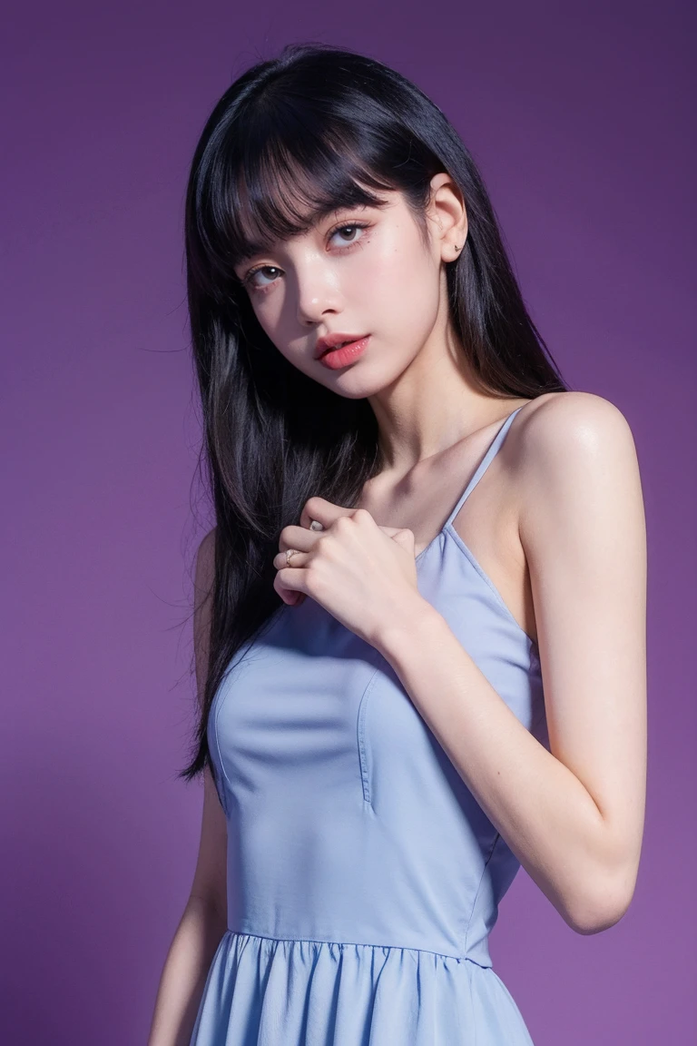 21yo girl, dress, purple background
