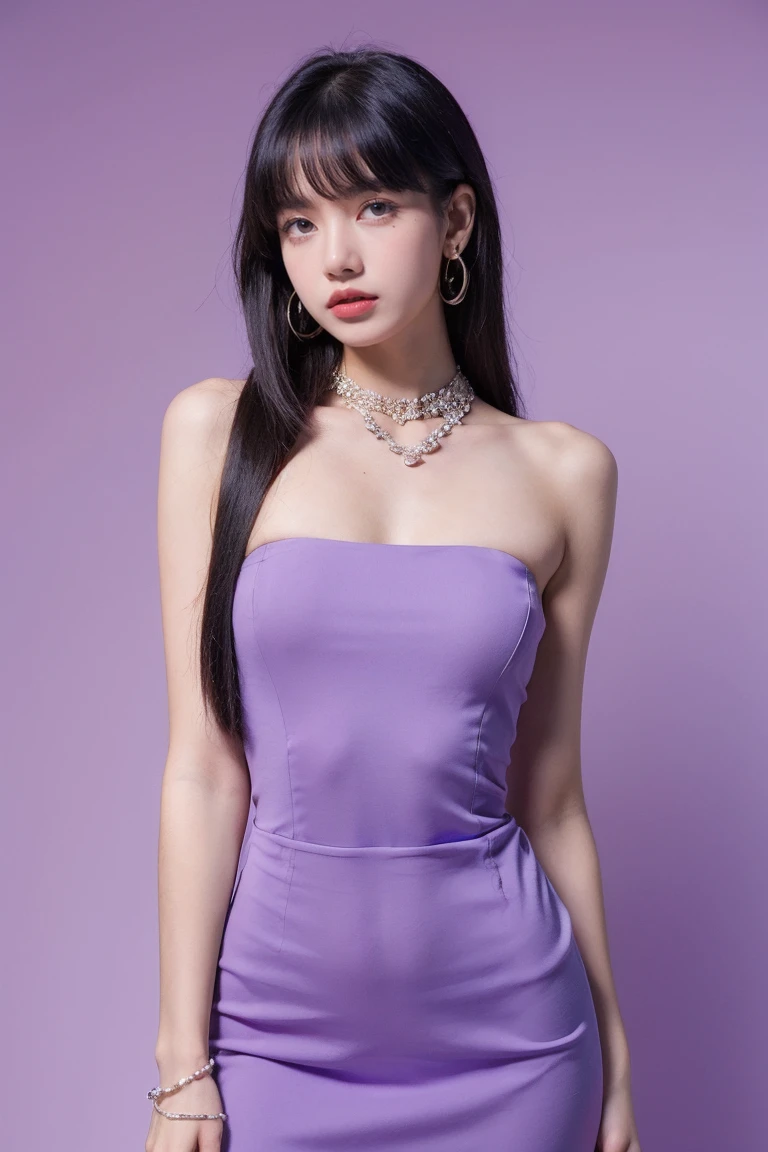 21yo girl, dress, purple background 